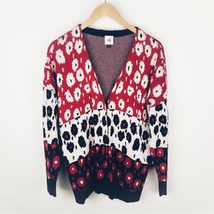 Cabi Upbeat Retro Knit Cardigan Sweater Floral Navy White Orange Size L